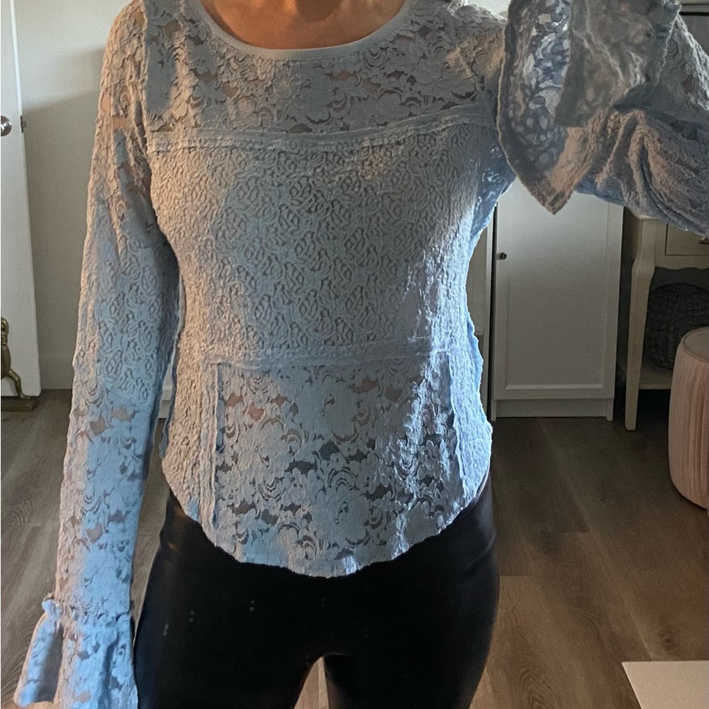 Free People Sheer Lace Flared Long Sleeve Top